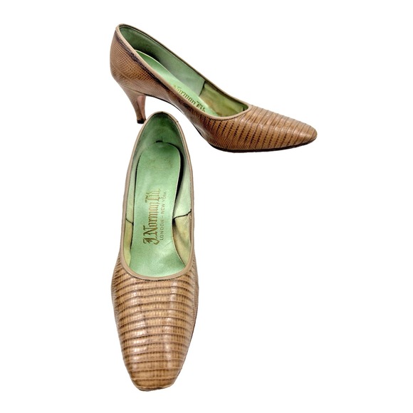 Vintage Shoes - Tan Lizard Skin Pumps Size 8 AA by J Norman Ltd. Vintage 1950's 2 1/2" Heel